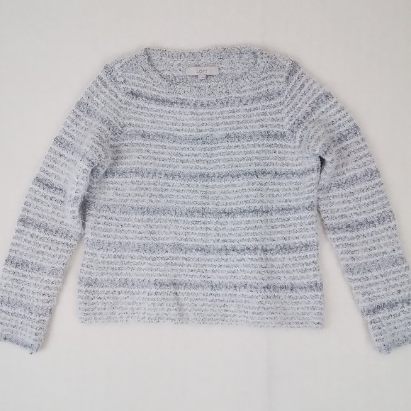 LOFT‎ Womens Sweater S Gray White Stripe Wool Alpaca Mohair Crew Neck High Waist - Picture 1 of 10